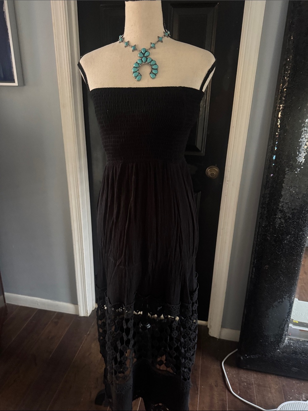 Black Strapless Maxi Dress with Crochet Detail